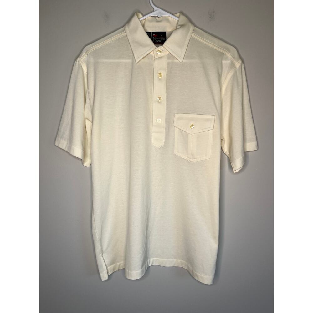 1970s Robert Bruce Cotton Where It Counts Cream Disco Short Sleeve Shirt L